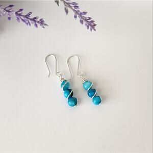 Turquoise Seashell Beads Dangle Earrings, Silver Wire Wrapped Dainty Earrings